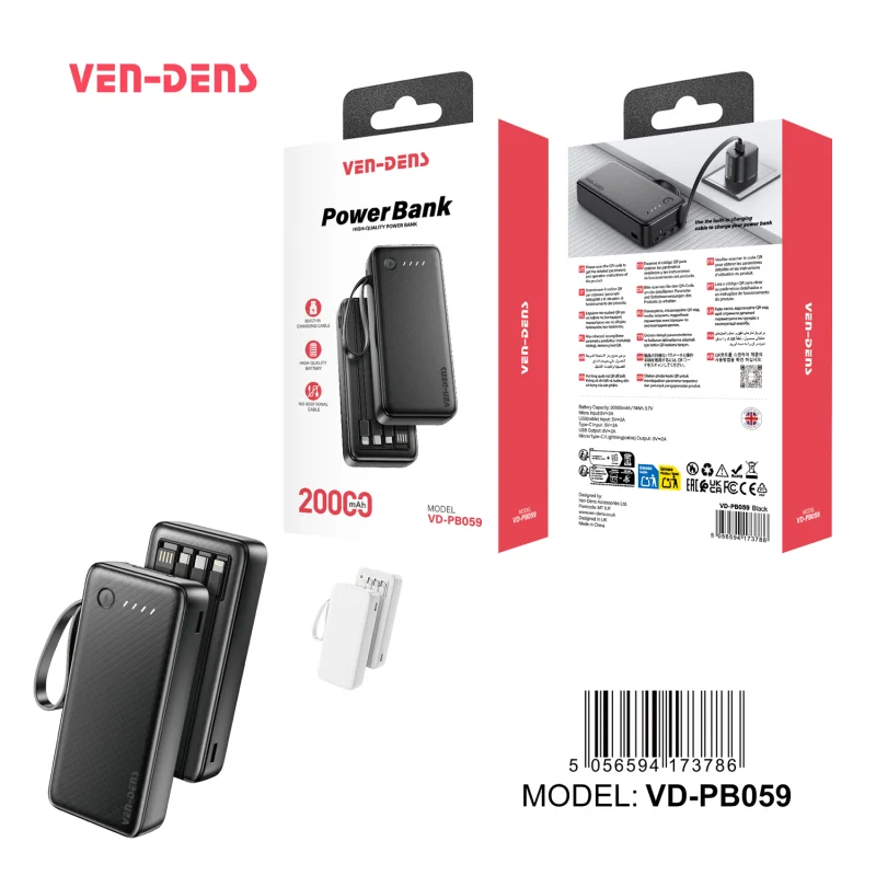 Ven-Dens VD-BP059 20000mAh Power Bank 3IN1 Built in Charging Cables 20000mAh PowerBank